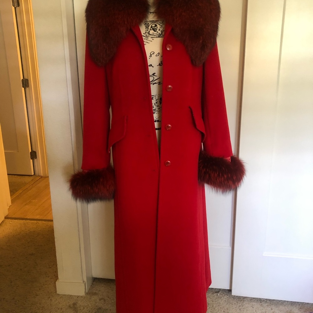Escada Red wool & blue frost fox fur long coat